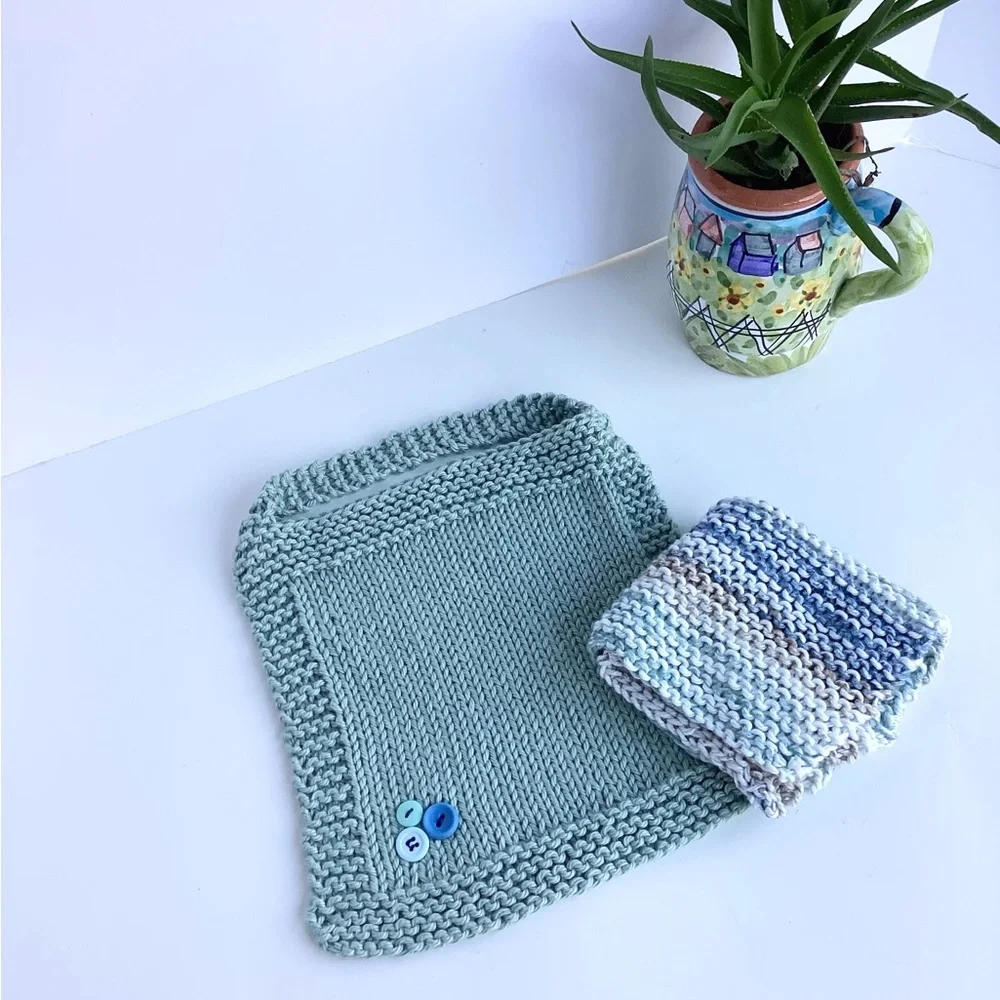 Baby Bib Set Washcloth Hand Crafted Green Cotton Knit Floral